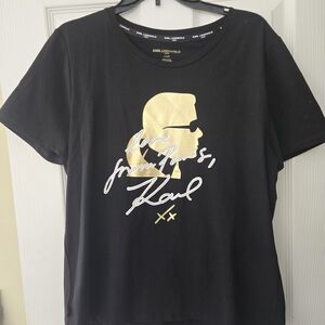 Karl Lagerfeld Black Tee with Gold Silhouette and White Script Accents